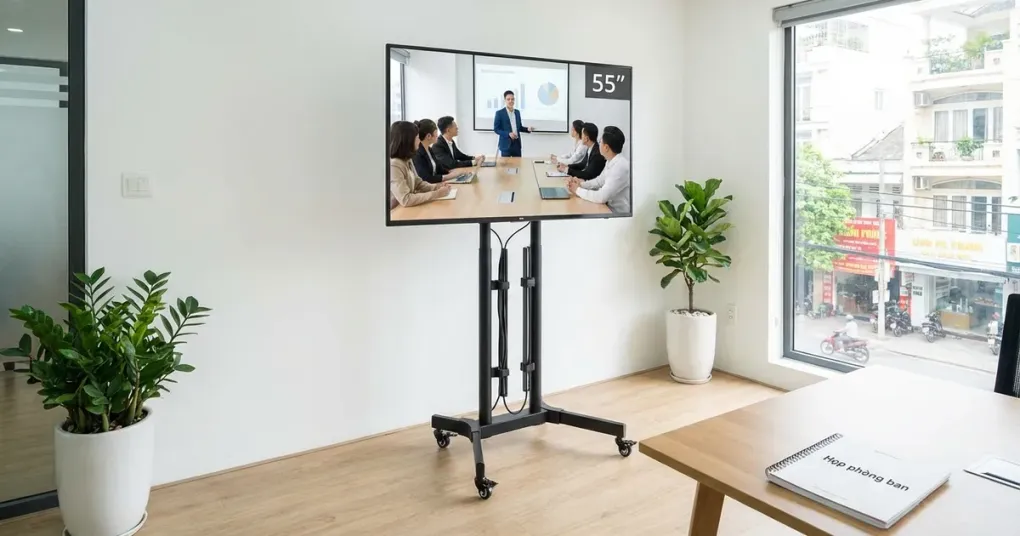 Giá treo TV di động HyperWork Core Stand TVC01 màu đen đặt trong văn phòng hiện đại