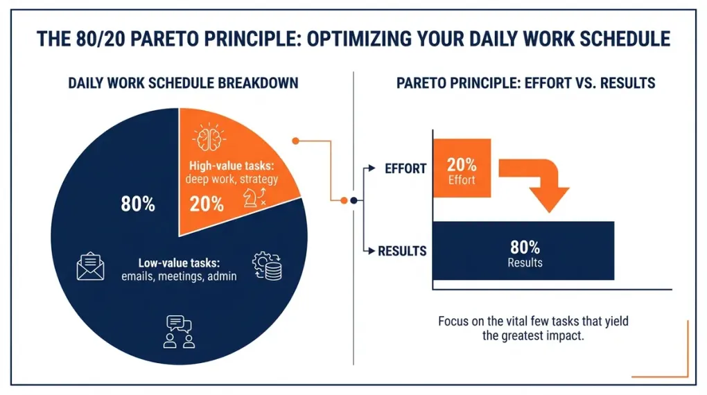 Infographic minh họa quy tắc 80/20 Pareto áp dụng trong công việc hàng ngày