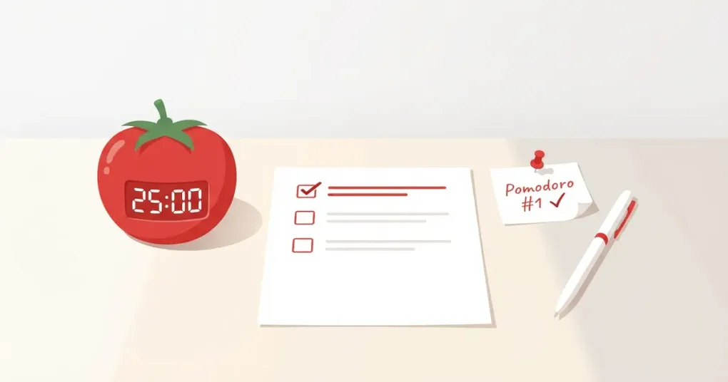 Đồng hồ hẹn giờ Pomodoro hình cà chua bên cạnh danh sách công việc – biểu tượng của phương pháp Pomodoro