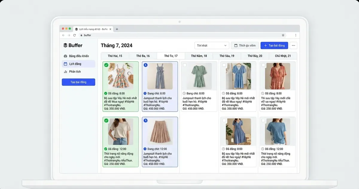 Giao diện Buffer lên lịch tự động đăng bài Facebook cho shop thời trang Việt Nam